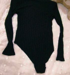 Black Ribbed V-Neck Bodysuit