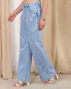 Shein Light Wash Heart Print Wide Leg Jeans
