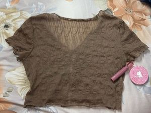 Sheer Brown Tie-Front Top