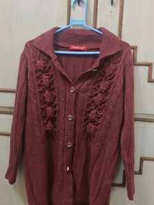 Maroon Cable Knit Cardigan with Floral Detail