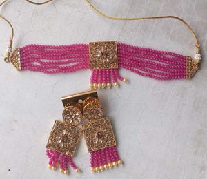 Pink Beaded Choker Necklace & Earring Set