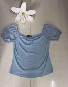 Pastel Blue Ribbed Puff Sleeve Top