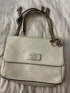 Guess White Embossed Chain Shoulder Bag