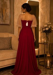 Elegant Red Maxi Dress with Sheer Sleeves