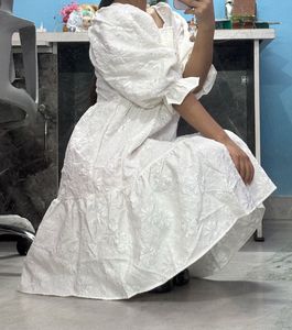Chic White Puff Sleeve Tiered Dress
