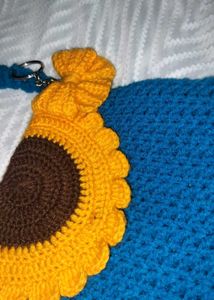 Handmade Crochet Blue Bag with Sunflower