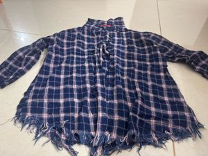 Blue Plaid Frayed Long Sleeve Shirt