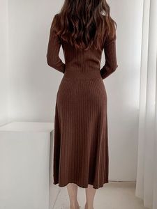 Brown Ribbed Midi Dress | Full Sleeve Elegant Dres
