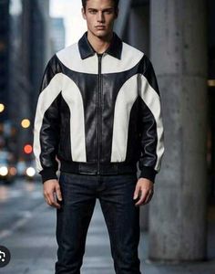 Men's Black &amp; White Faux Leather Jacket