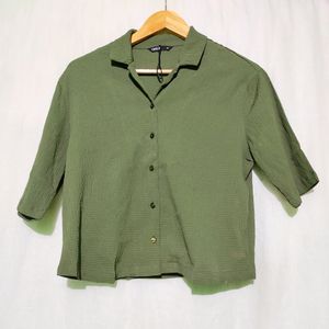 Only Olive Green Crinkled Crop Shirt
