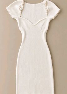 IVORY RIBBED SQUARE NECK MIDI DRESS