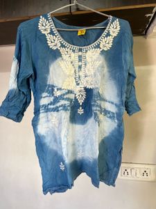 Embroidered Blue &amp; White Kurti Top