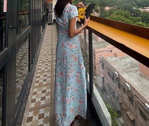 Light Blue Floral Print Maxi Dress