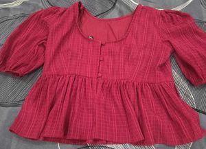 Maroon Puff Sleeve Peplum Top