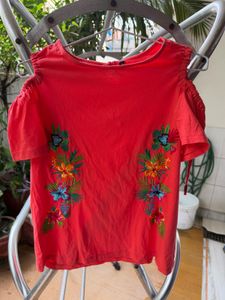 Coral Embroidered Tropical Floral Top with adjusta