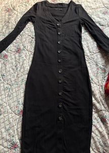 Ribbed classy black Button-Front Midi Dress🖤