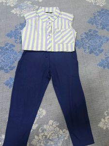 Striped Cropped Shirt & Navy Pants Set