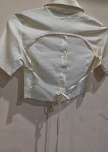 Cream Satin Cropped Button-Up Shirt