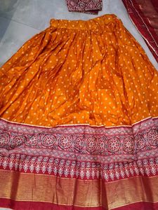 Vibrant Orange &amp; Red Bandhani Lehenga Choli Set