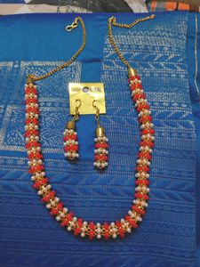 Red &amp; White Beaded Necklace with Earrings Set
