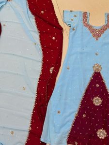 Sky Blue &amp; Burgundy Embellished Aline Suit