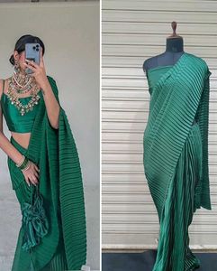 Green Pleated Saree with Blouse