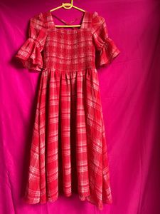 Red Plaid Smocked Midi Dress