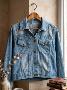 Stylish Pearl Embellished Denim Jacket
