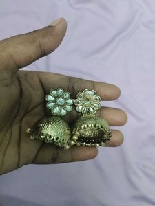 Elegant Gold Jhumka Earrings with White Stones🤩