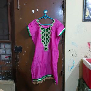 Pink Kurta Set with Green Embroidery