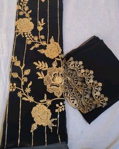 Elegant Black unstitched Suit with Golden Embroid