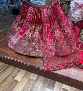 Red Embroidered Velvet Lehenga Choli
