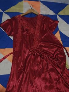 Elegant Red Satin Robe Nighty dress
