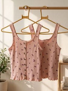 Cute Floral Ribbed Tank Tops -