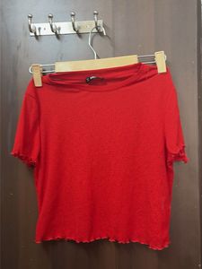 Vibrant Red Lettuce Hem T-Shirt