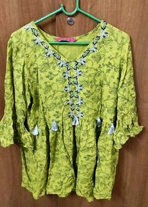 Lime Green Printed Kurta with Tassels