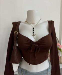 Chic Brown Corset Top with Bell Sleeves