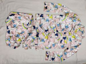 Unicorn printed baby pink, satin nightsuit set.