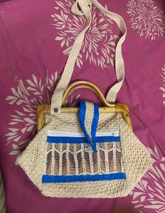 Boho Woven Crossbody Bag with Bamboo Handles