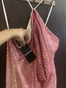 Pink &amp; White Sequin or Sequence Party Halter Dress