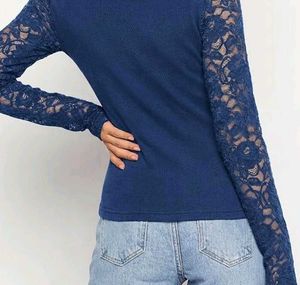 Navy Blue Lace Sleeve Top