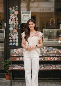 Embroidered V-Neck Flutter Sleeve Top