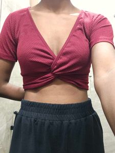 V Neck Maroon Crop Top