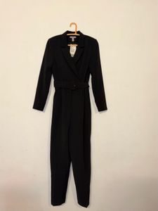 Chic Black Belted Blazer Jumpsuit