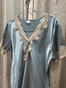 Light Blue Satin Nightgown with Lace Trim