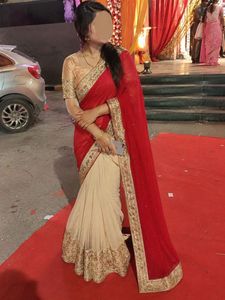 🔥SALE🔥Elegant Red &amp; Cream Embroidered Saree