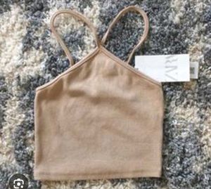 Beige Ribbed Halter Neck Crop Top