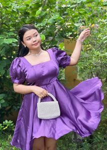 Satin Square Neck Puff Sleeve Dress