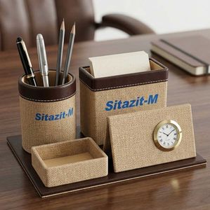 Premium Jute Desk Organizer with Clock