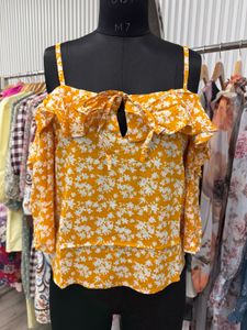 Yellow Floral Cold Shoulder Top